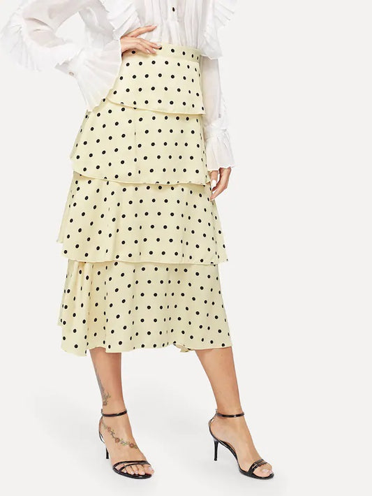 CM-BS109006 Women Casual Seoul Style High Waist Layer Ruffle Polka Dot Skirt - Apricot