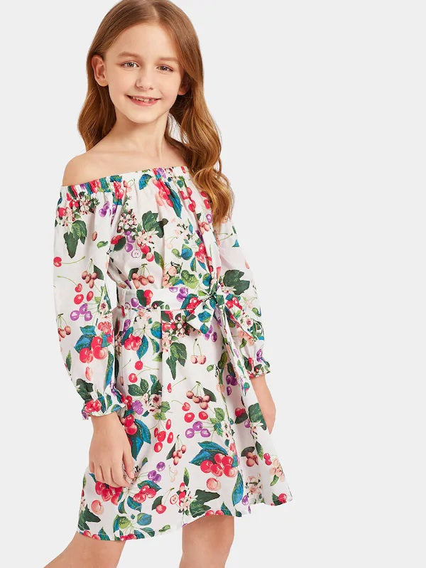 CM-KD218133 Girls Seoul Style Off Shoulder Belted Cherry Prints Dress