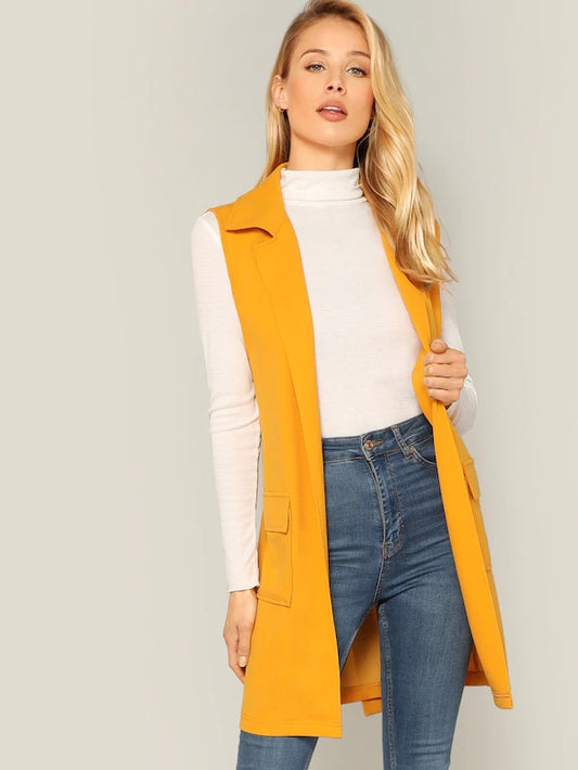 CM-CS104277 Women Casual Seoul Style Notched Collar Pocket Patched Belted Vest Coat - Yellow