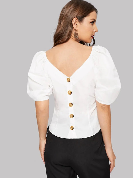 CM-TS219218 Women Classy Seoul Style Double V-Neckline Puff Sleeve Buttoned Back Top - White