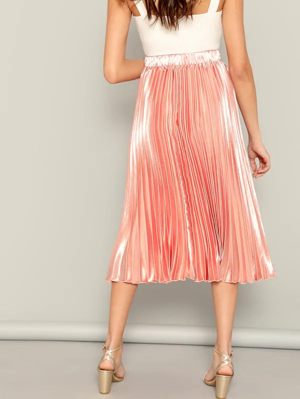 CM-BS212395 Women Elegant Seoul Style Elastic Waist Solid Pleated Skirt - Pink