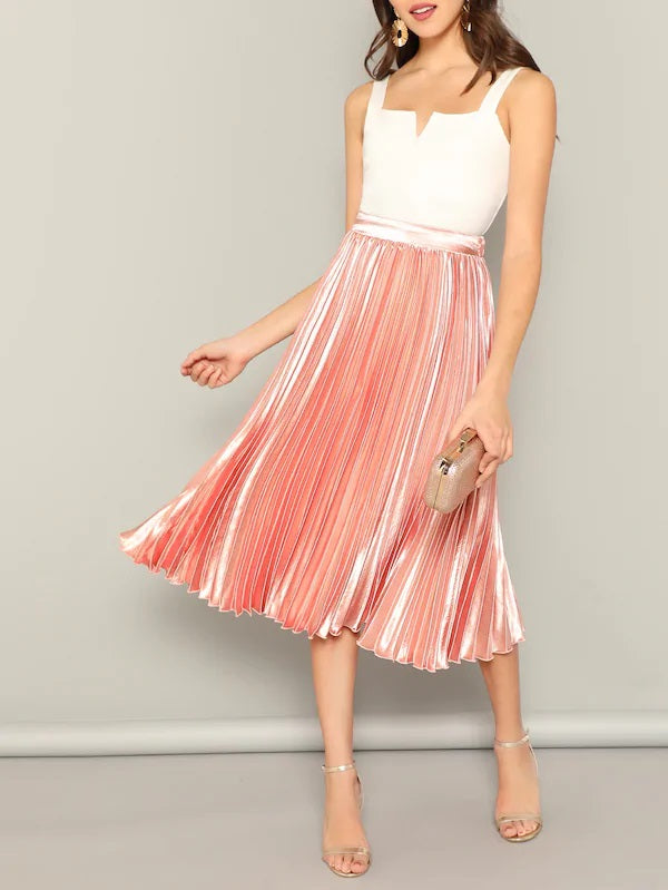 CM-BS212395 Women Elegant Seoul Style Elastic Waist Solid Pleated Skirt - Pink