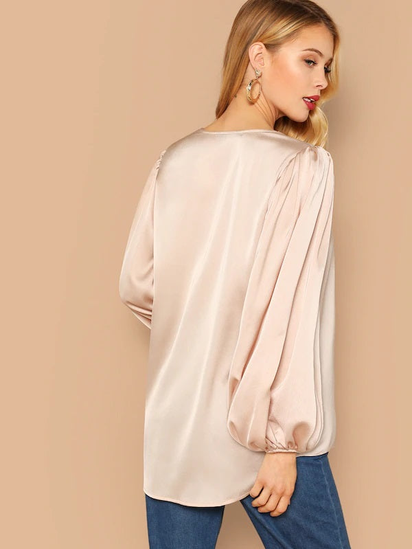 CM-TS104655 Women Elegant European Style Lantern Sleeve Curved Dip Hem Blouse