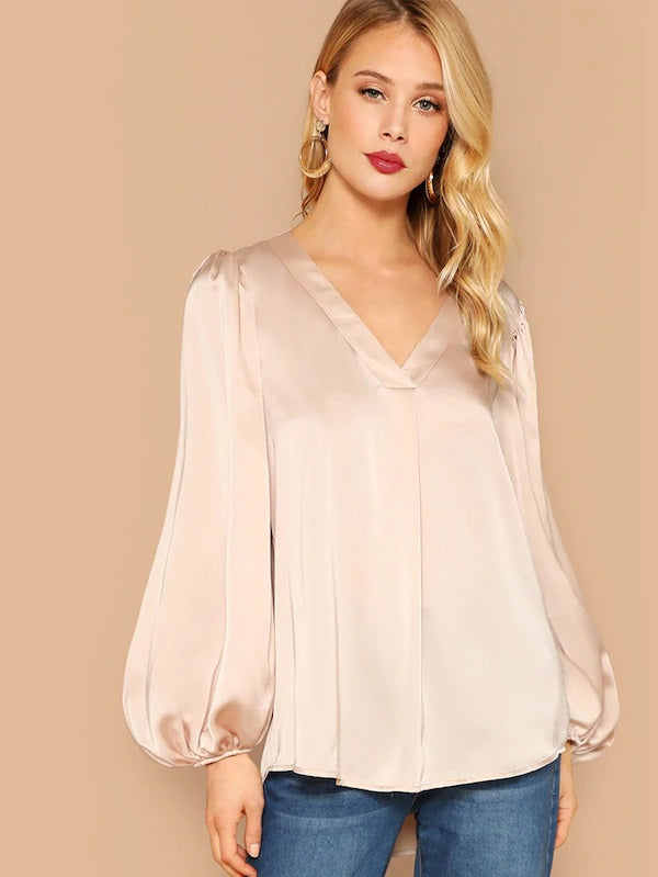 CM-TS104655 Women Elegant European Style Lantern Sleeve Curved Dip Hem Blouse