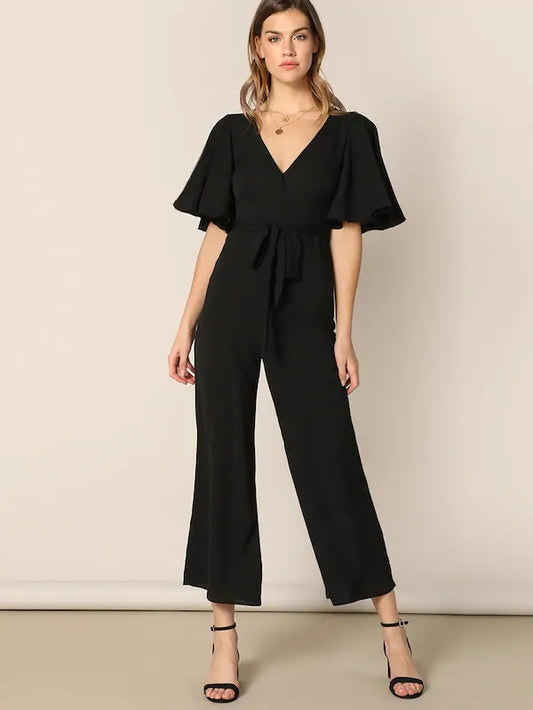 CM-JS225942 Women Casual Seoul Style Surplice Neck Flutter Sleeve Wide Leg Jumpsuit - Black