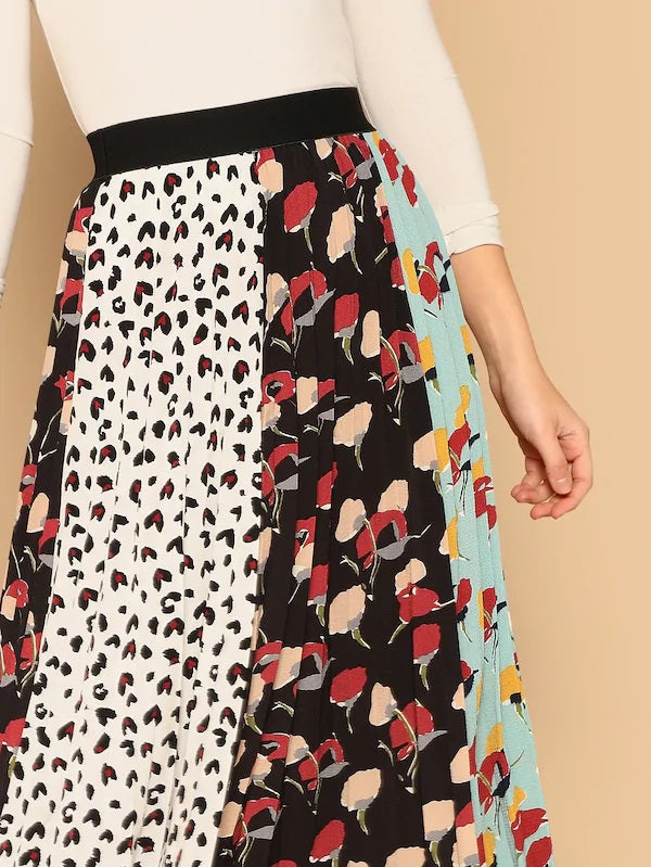 CM-BS210601 Women Casual Seoul Style Leopard And Floral Print Pleated Skirt