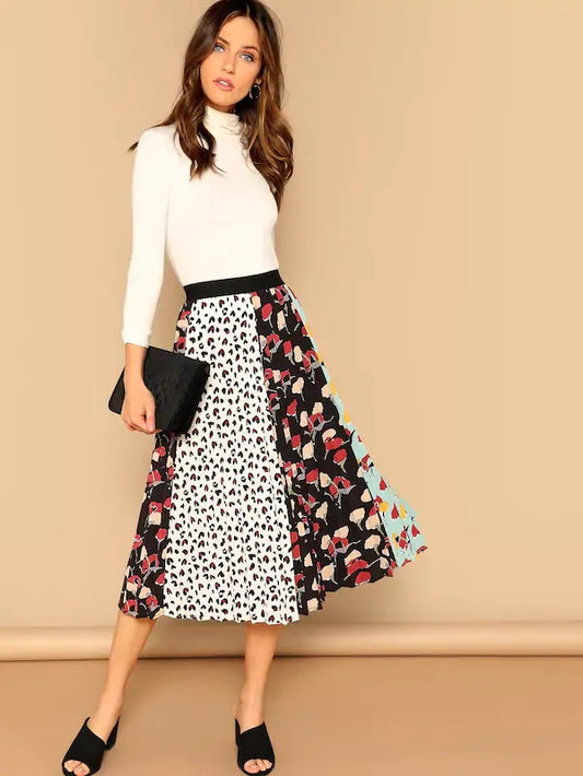 CM-BS210601 Women Casual Seoul Style Leopard And Floral Print Pleated Skirt