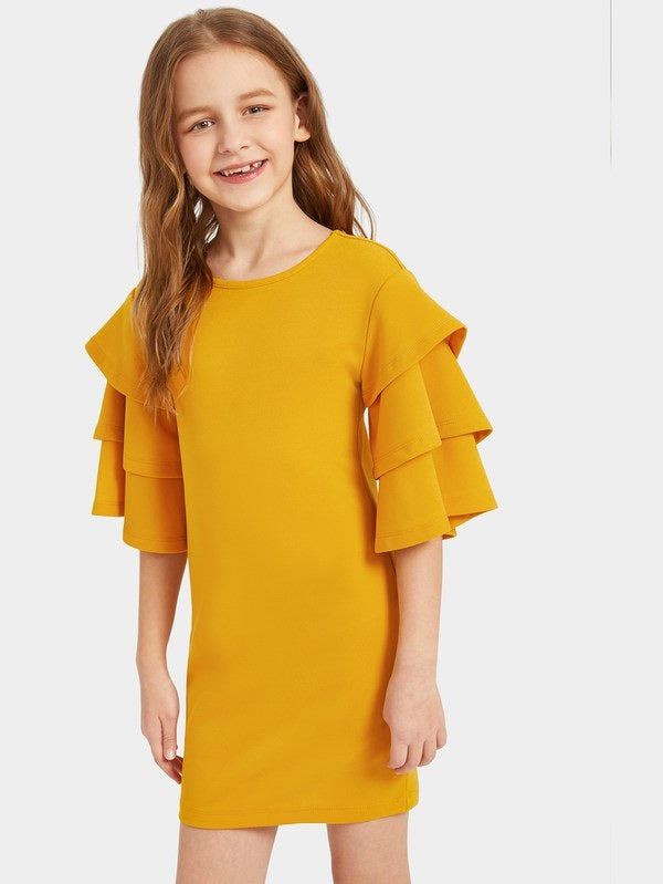 CM-KD212541 Girls Seoul Style Layered Bell Sleeve Solid Dress - Yellow