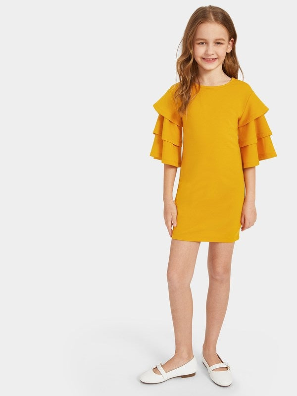 CM-KD212541 Girls Seoul Style Layered Bell Sleeve Solid Dress - Yellow