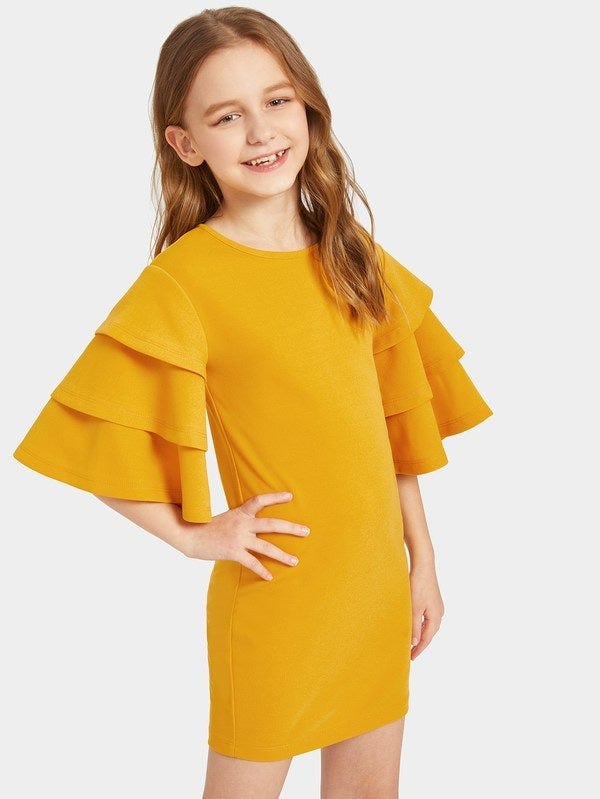 CM-KD212541 Girls Seoul Style Layered Bell Sleeve Solid Dress - Yellow