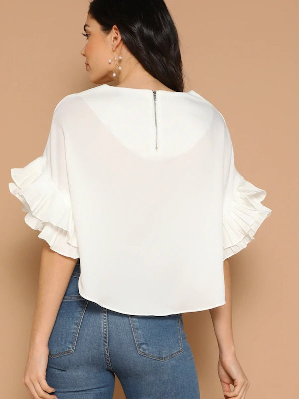 CM-TS225840 Women Casual Seoul Style Pleated Ruffle Sleeve Dolphin Hem Top - White