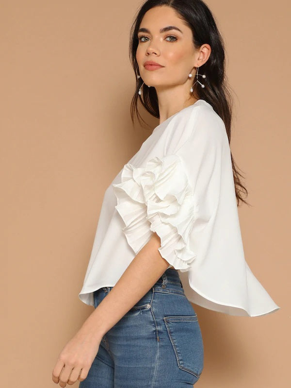 CM-TS225840 Women Casual Seoul Style Pleated Ruffle Sleeve Dolphin Hem Top - White