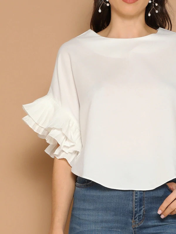 CM-TS225840 Women Casual Seoul Style Pleated Ruffle Sleeve Dolphin Hem Top - White