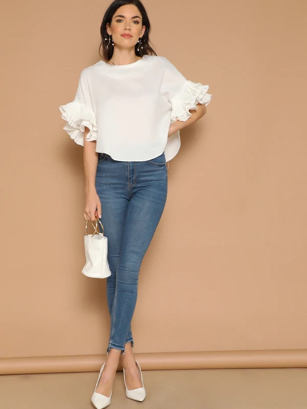 CM-TS225840 Women Casual Seoul Style Pleated Ruffle Sleeve Dolphin Hem Top - White