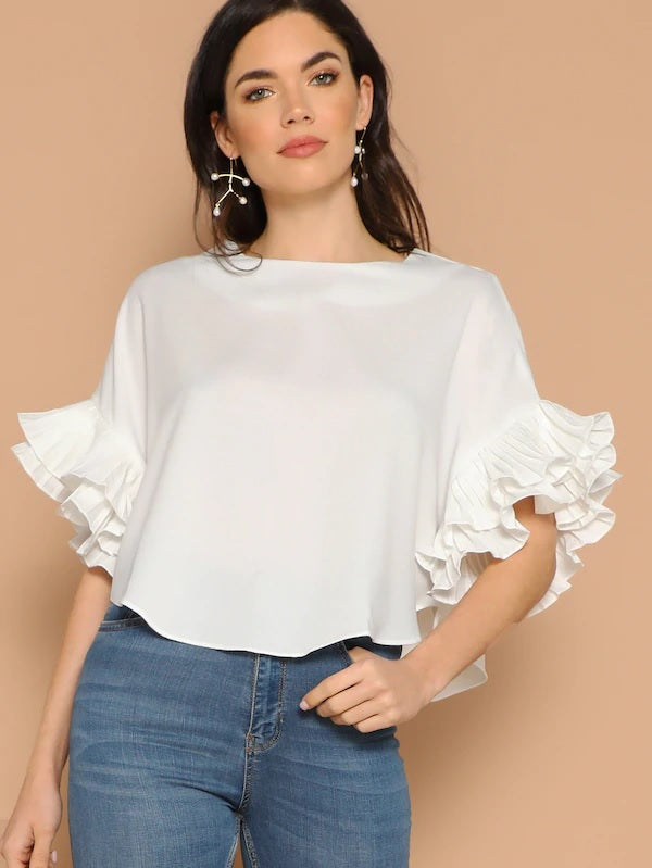 CM-TS225840 Women Casual Seoul Style Pleated Ruffle Sleeve Dolphin Hem Top - White