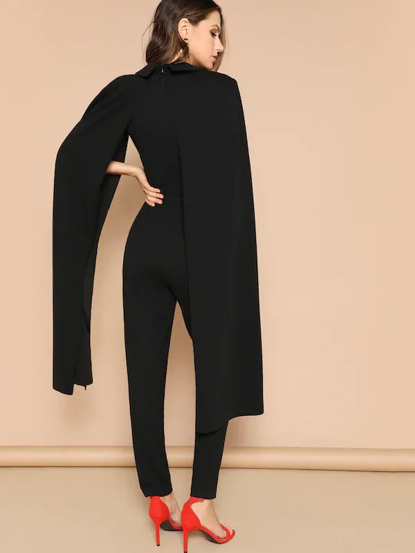 CM-JS107145 Women Elegant European Style Exaggerate Cape Sleeve Tailored Wrap Jumpsuit