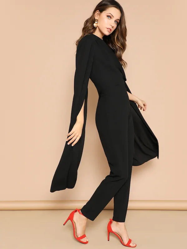 CM-JS107145 Women Elegant European Style Exaggerate Cape Sleeve Tailored Wrap Jumpsuit