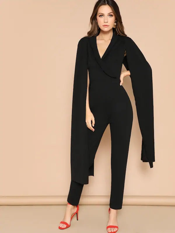 CM-JS107145 Women Elegant European Style Exaggerate Cape Sleeve Tailored Wrap Jumpsuit