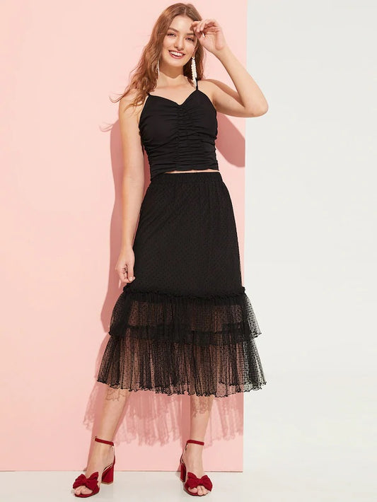 CM-BS111519 Women Elegant Seoul Style Dot Jacquard Mesh Overlay Tiered Skirt - Black