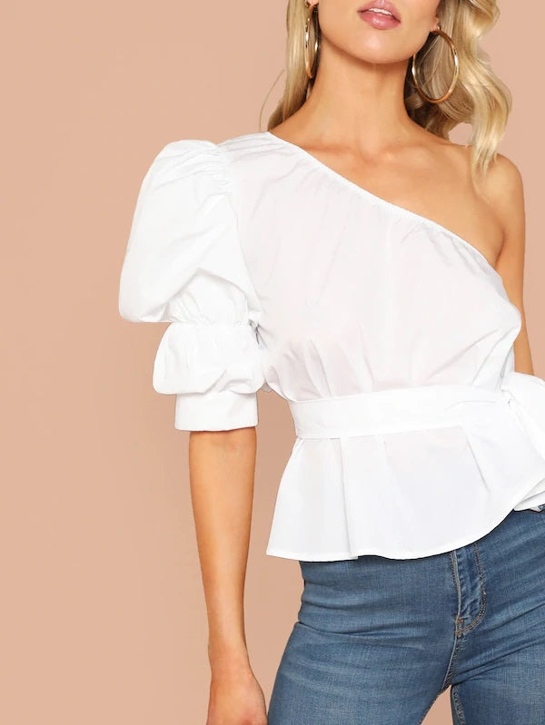 CM-TS114055 Women Elegant Seoul Style One Shoulder Puff Sleeve Belted Solid Top - White