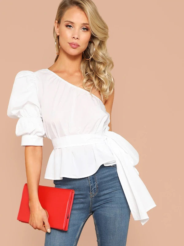 CM-TS114055 Women Elegant Seoul Style One Shoulder Puff Sleeve Belted Solid Top - White
