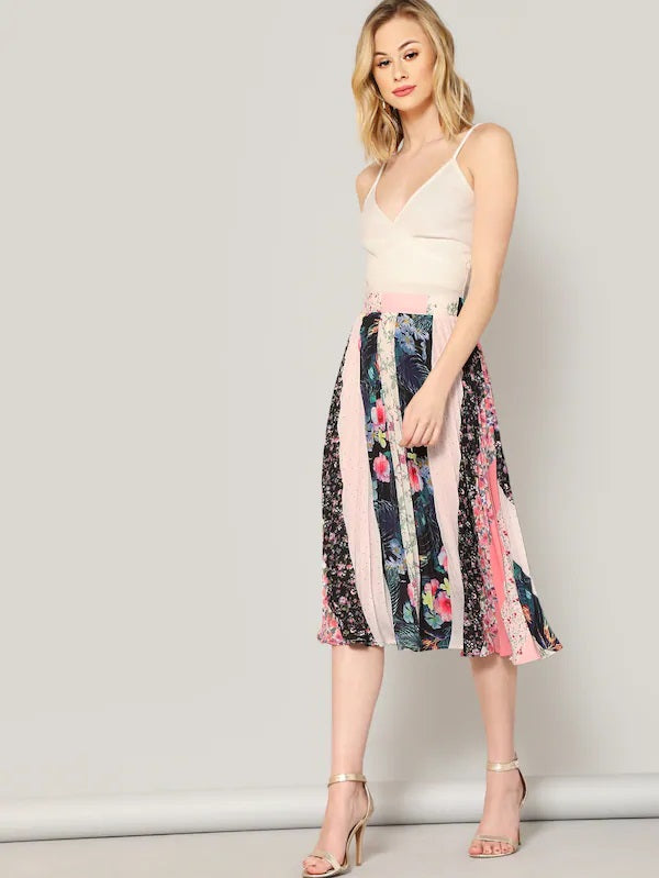 CM-BS117600 Women Elegant Seoul Style Wide Waist Mixed Print Pleated Skirt