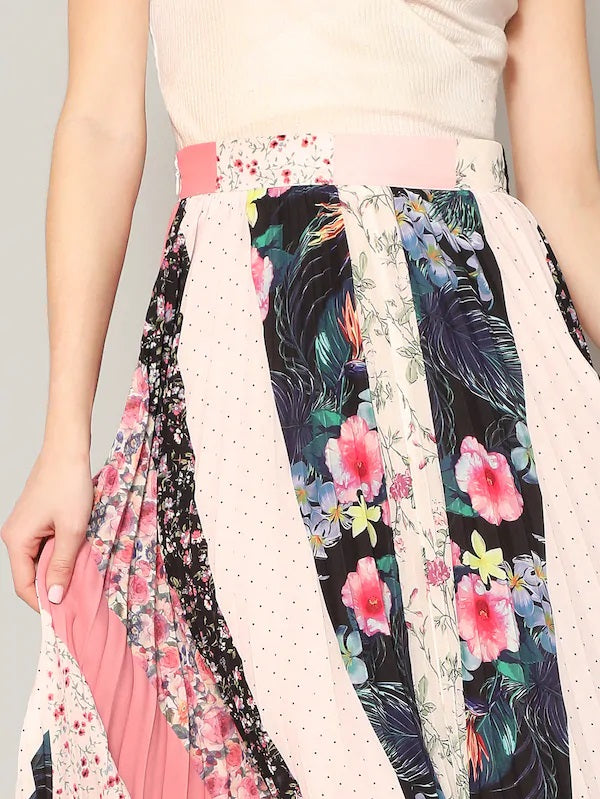 CM-BS117600 Women Elegant Seoul Style Wide Waist Mixed Print Pleated Skirt