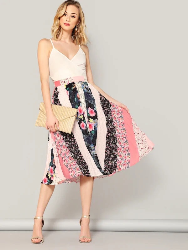 CM-BS117600 Women Elegant Seoul Style Wide Waist Mixed Print Pleated Skirt