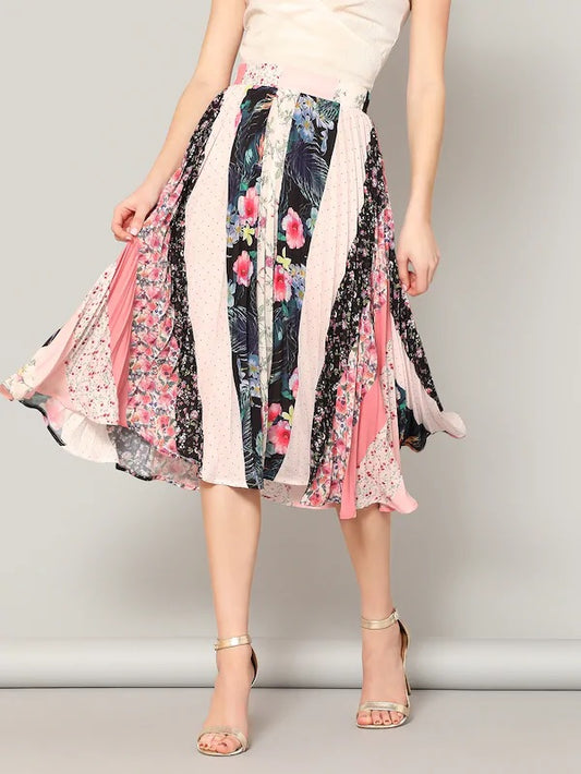 CM-BS117600 Women Elegant Seoul Style Wide Waist Mixed Print Pleated Skirt