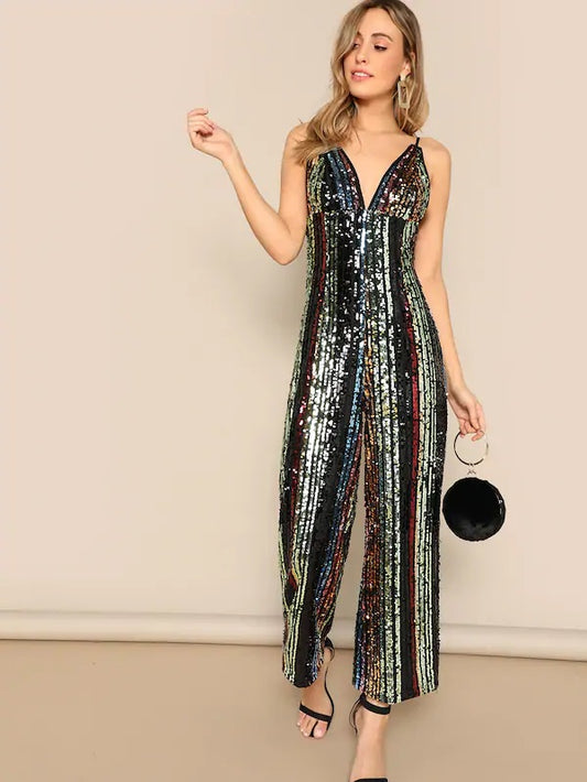 CM-JS117088 Women Elegant Seoul Style Plunging Neck Striped Sequin Wide Leg Cami Jumpsuit