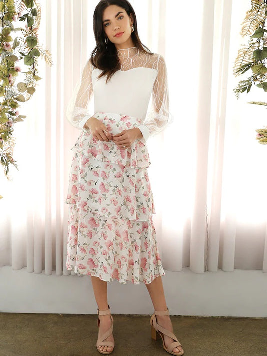 CM-BS109025 Women Casual Seoul Style Allover Floral Print Tiered Layered Skirt - White