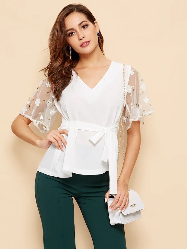 CM-TS118253 Women Casual Seoul Style Contrast Lace Cuff Knot Waist Blouse - White