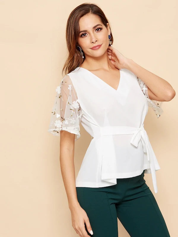 CM-TS118253 Women Casual Seoul Style Contrast Lace Cuff Knot Waist Blouse - White