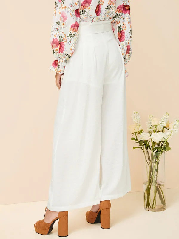 CM-BS102468 Women Casual Seoul Style Button Fly Paperbag Waist Wide Leg Pants - White