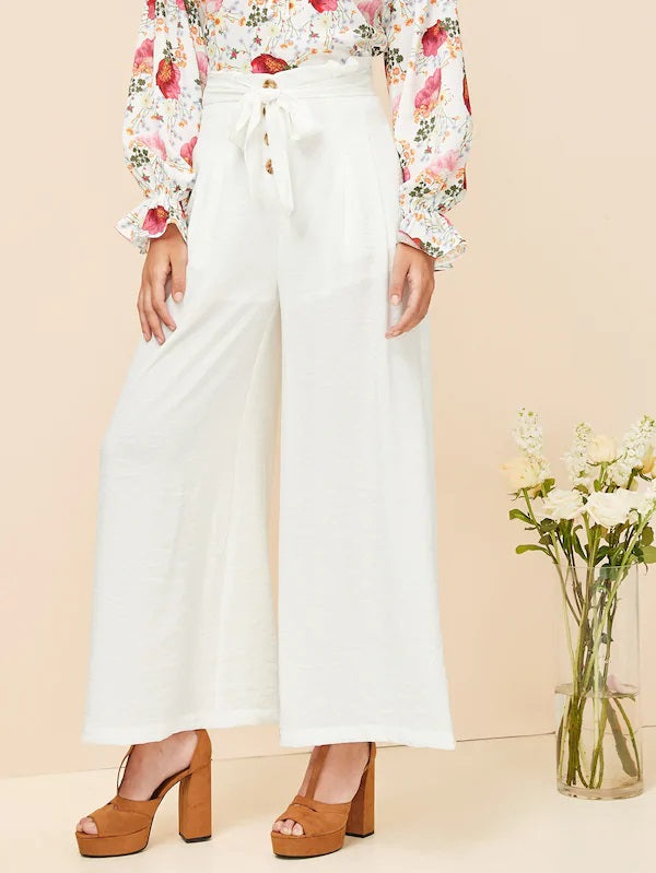 CM-BS102468 Women Casual Seoul Style Button Fly Paperbag Waist Wide Leg Pants - White