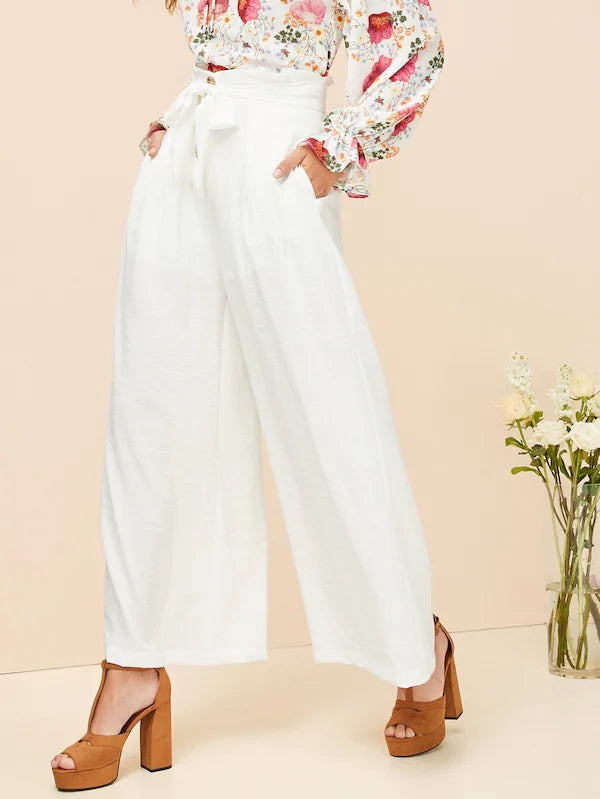 CM-BS102468 Women Casual Seoul Style Button Fly Paperbag Waist Wide Leg Pants - White