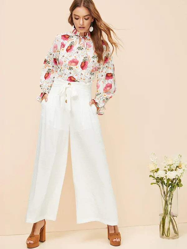 CM-BS102468 Women Casual Seoul Style Button Fly Paperbag Waist Wide Leg Pants - White