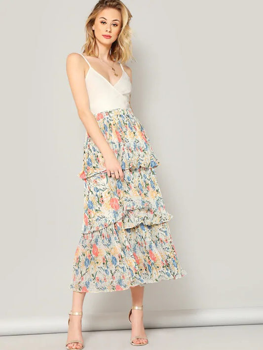 CM-BS116203 Women Elegant Seoul Style Elastic Waist Floral Layered Pleated Skirt