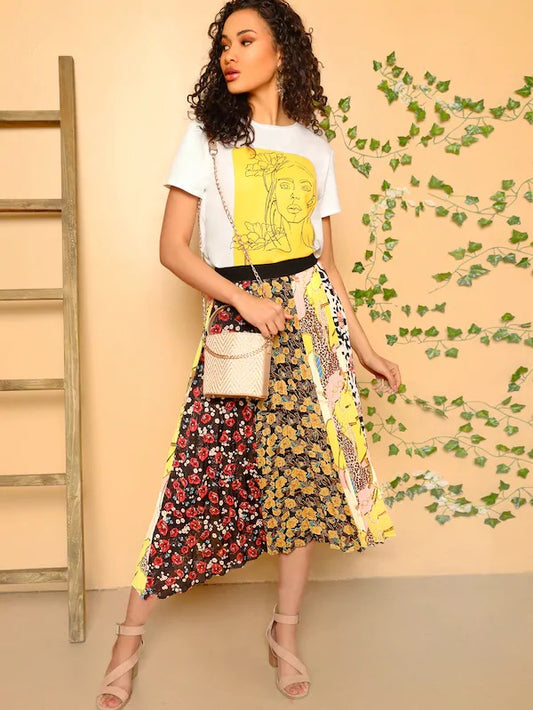 CM-BS224072 Women Casual Seoul Style Elastic Waist Mixed Print Pleated Skirt