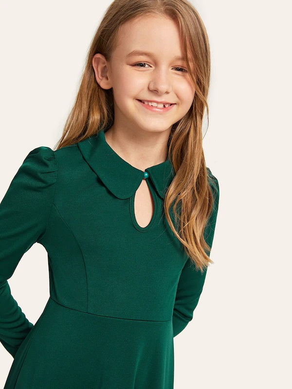 CM-KD229997 Girls Seoul Style Button Keyhole Front Puff Sleeve Dress - Green
