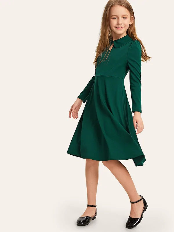 CM-KD229997 Girls Seoul Style Button Keyhole Front Puff Sleeve Dress - Green