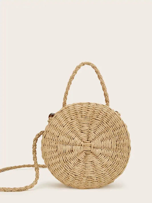 CM-BGS121723 Women Casual Seoul Style Straw Detail Round Crossbody Bag - Apricot