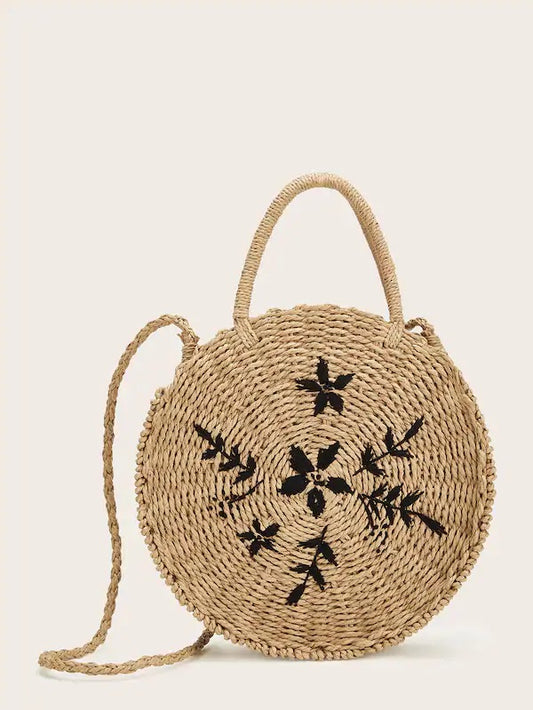 CM-BGS121729 Women Casual Bohemian Style Leaf Embroidery Round Satchel Bag - Brown