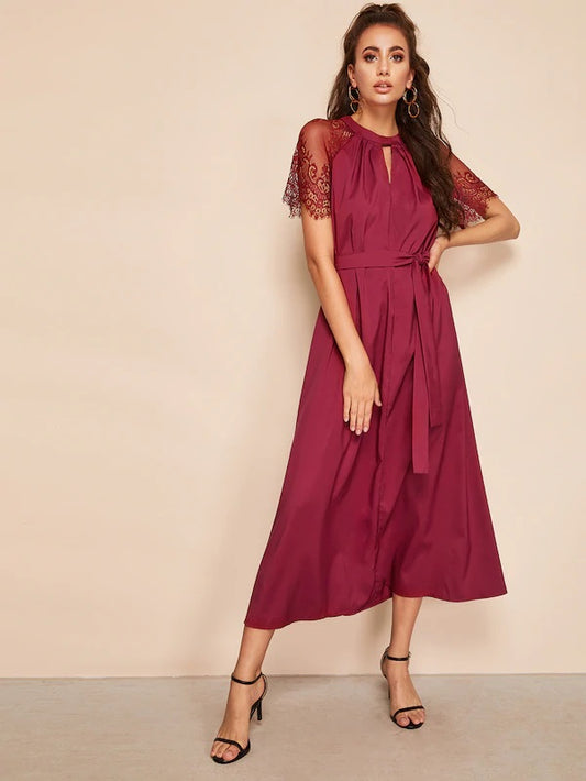 CM-DS920406 Women Elegant Seoul Style Lace Sleeve V-Cut Insert Neck Dress - Wine Red