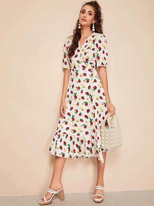 CM-DS226411 Women Casual Seoul Style Strawberry Print Flounce Hem Surplice Wrap Dress