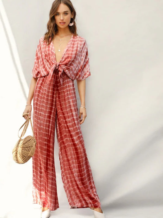 CM-JS117308 Women Casual Seoul Style Plunging Neck Knot Front Tie Dye Palazzo Jumpsuit