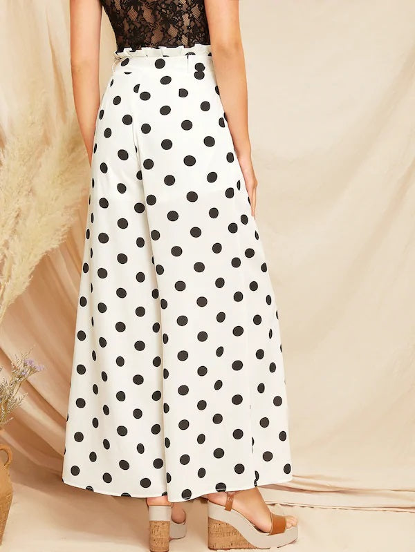 CM-BS108324 Women Casual Seoul Style Paperbag Waist Polka Dot Wide Leg Pants - White