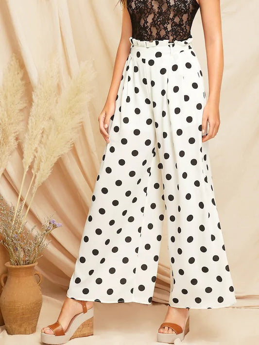 CM-BS108324 Women Casual Seoul Style Paperbag Waist Polka Dot Wide Leg Pants - White