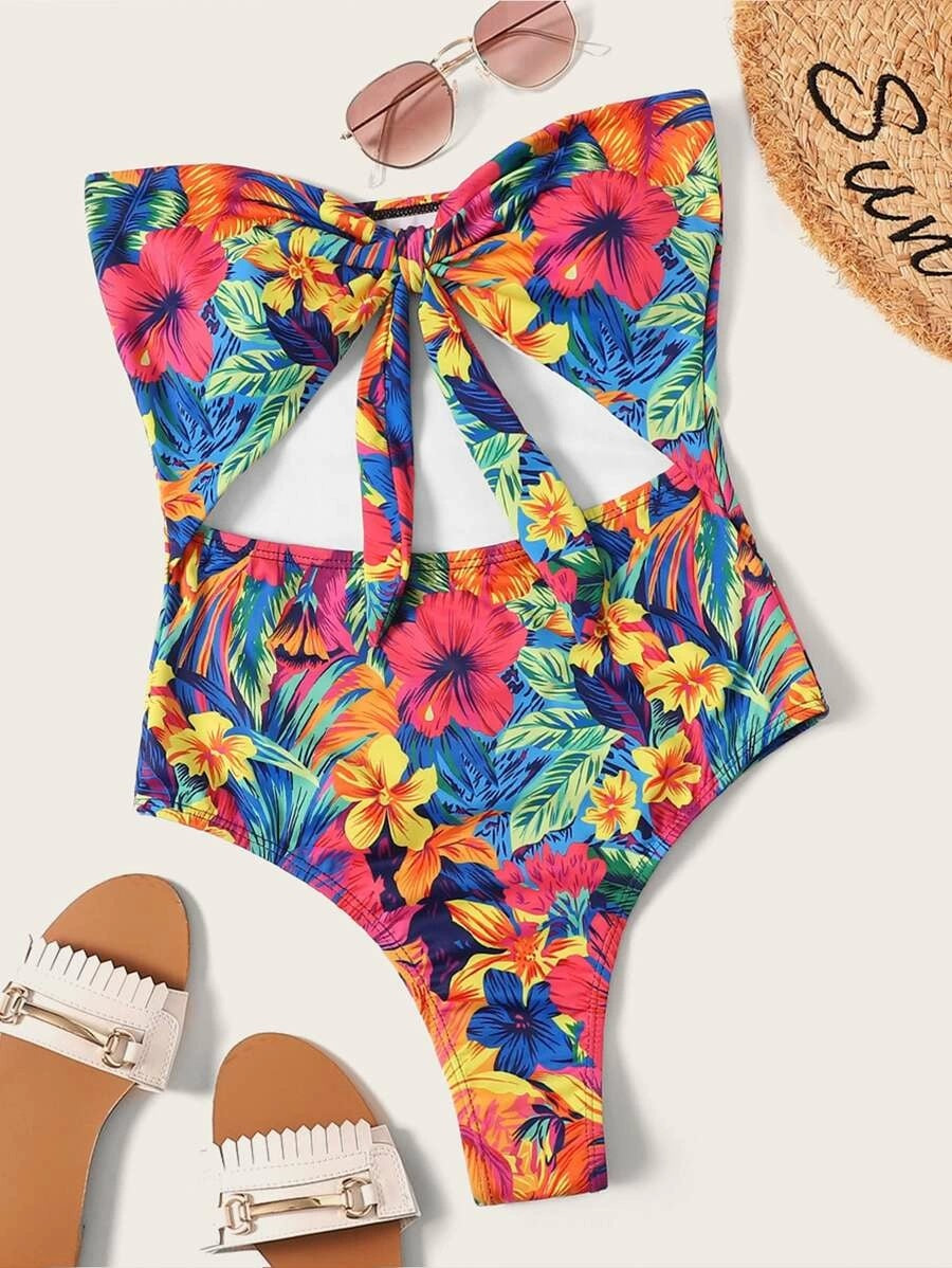 CM-SWS305882 Women Trendy Seoul Style Floral Print Cut-Out One Piece Swimsuit