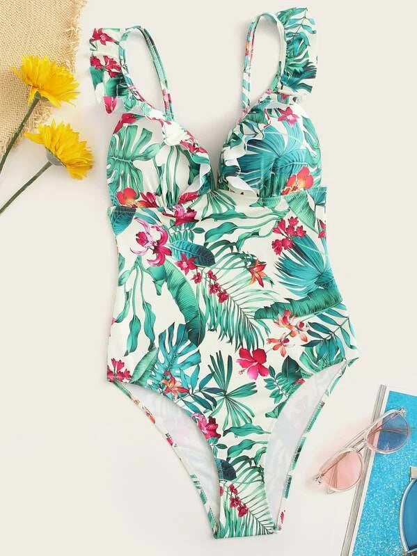 CM-SWS301424 Women Trendy Seoul Style Tropical Print Ruffle Trim One Piece Swimsuit